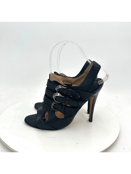 Manolo Blahnik Shoes - Manolo Blahnik Women EU 36 Black Leather Strappy Peep-Toe Stiletto Sandals